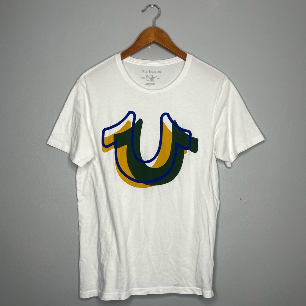True Religion Men’s Offset Short Sleeve Cotton Crewneck Graphic T Shirt B